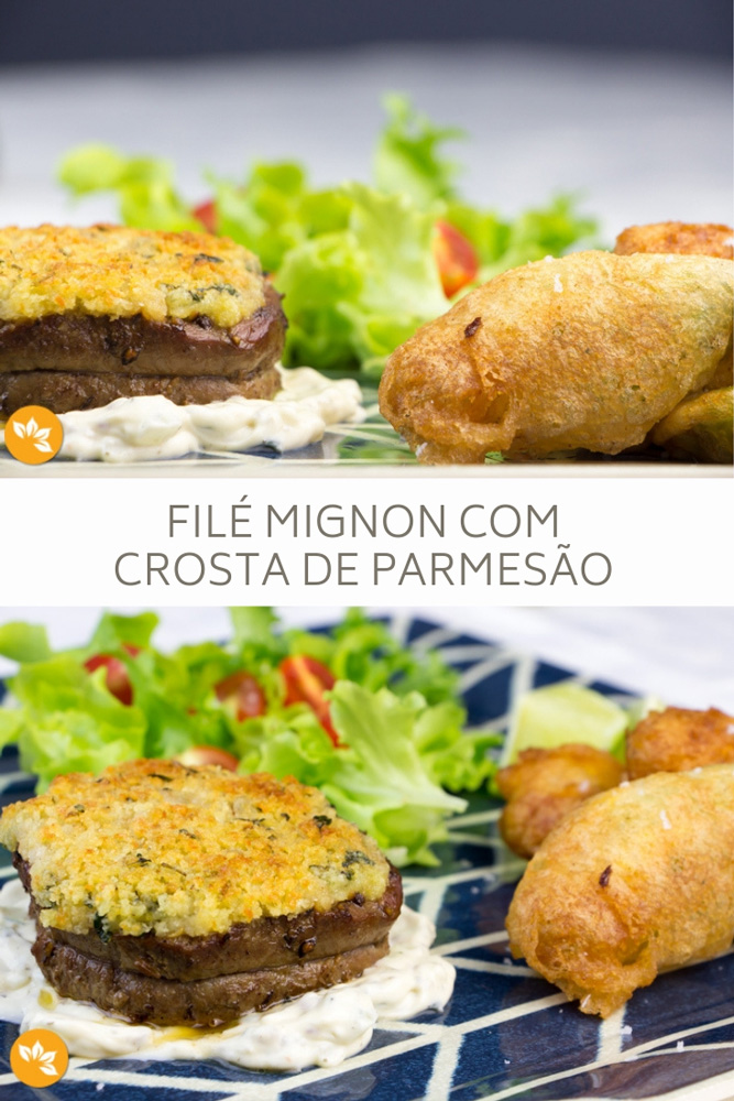 Receita de Filé Mignon com Crosta de Parmesão e Flores de Abobrinha Recheadas